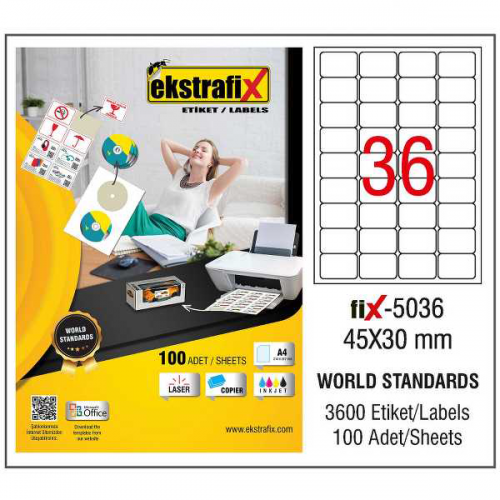 Ekstrafix Lazer Etiket 100 YP 45x30 Laser-Copy-Inkjet FİX-5036