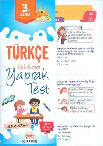 Güneş 3.Sınıf Türkçe Çek Kopar Yaprak Test