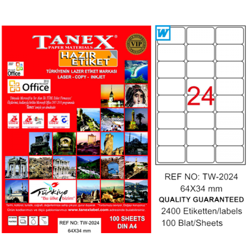 Tanex Lazer Etiket 100 YP 64x34 Laser-Copy-Inkjet TW-2024