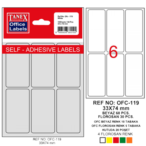 Tanex Ofis Etiketi Poşetli 33x74 MM Beyaz OFC-119