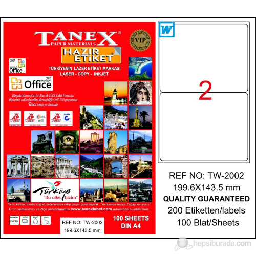 TANEX TW-2002 199,6x143,5 mm LASER ETİKET 100 AD.