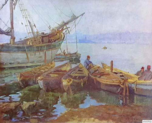 Kıyıda Balıkçılar, Hikmet Onat ( 1882 - 1977 ) 48x68 cm.