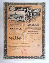 15 Aralık 1920 tarihinde ihraç edilmiş hamiline ait Omnium Industriel d'Orient Societe Anonyme Şirketi hisse senedi