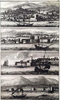 The fortresse of the Dardanelles. Kilitbahir castle on the European coast (42), and Sultaniye castle on the Asian coast (43). The newer fortifications on the European coast (44) and the Asian coast (45)