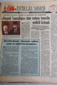 İstiklal Savaşı Gazetesi 8 Eylül 1919 heyeti Temsiliye Tüm Vatanı Temsile Yetkili Kılındı
