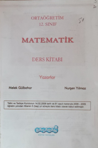 12. Sınıf Matematik Ders Kitabı Melek Gülbahar