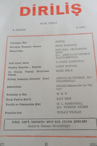 DİRİLİŞ AYLIK DERGİ ARALIK 1970 SAYI.15 SİYASET, DÜŞÜNCE VE EDEBİYAT D