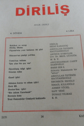 DİRİLİŞ AYLIK DERGİ KASIM 1970 SAYI.14SİYASET, DÜŞÜNCE VE EDEBİYAT DER