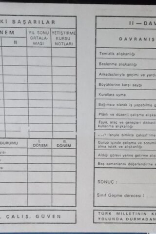 İlkokul Öğrenci Karnesi 1970 yılı