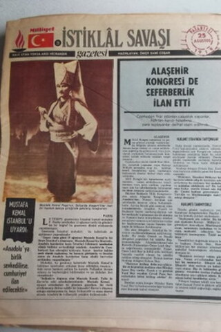 İstiklal Savaşı Gazetesi 25 Ağustos 1919 Alaşehir Kongresi De Seferber