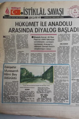 İstiklal Savaşı Gazetesi 6 Ekim 1919 Hükümet İle Anadolu Arasında Diya