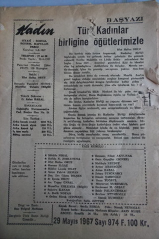 Kadın Siyasi Sosyal Eğitsel Haftalık Dergi 1967 / 974