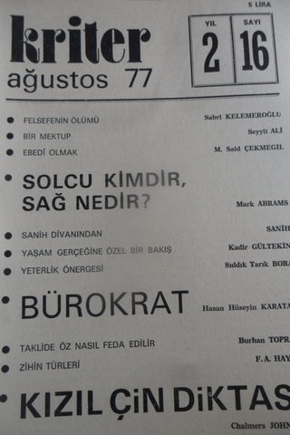 KRİTER AYLIK DERGİ YIL.1 SAYI. 16 AĞUSTOS 1977