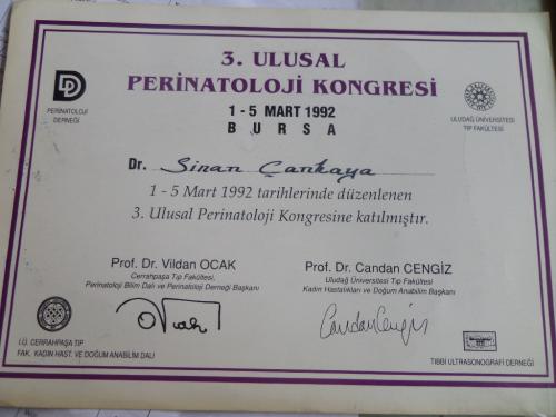 1992 3. Ulusal Perinatoloji Kongresi Katılım Belgesi